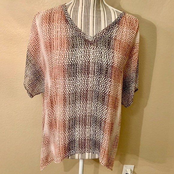 CAbi Blouse Small Sheer White Brown Rust Animal Print Snakeskin V-Neck Near New - Picture 1 of 12